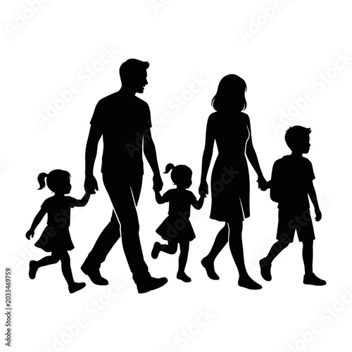 Silhouette of a happy family walking together, parents holding hands with their three children.