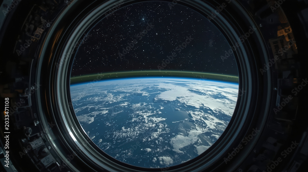 Fototapeta premium Space elevator cabin view of Earth curvature and stars with atmospheric glow