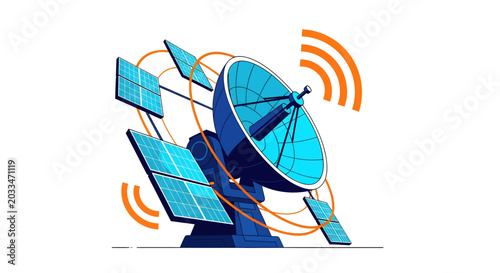 Satellite dish with solar panels and signal waves.