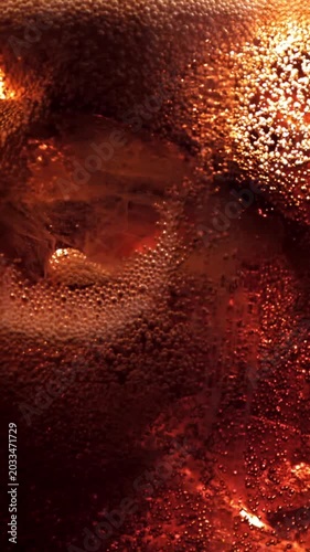 Bubbles in a glass of cola with ice. Filmed on a high-speed camera at 1000 fps. High quality FullHD footage