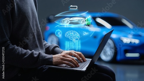 Person uses laptop with AI in creative design for futuristic car