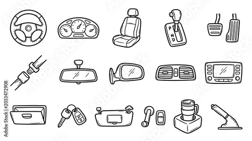 Set of hand drawn car interior parts and accessories doodle style.