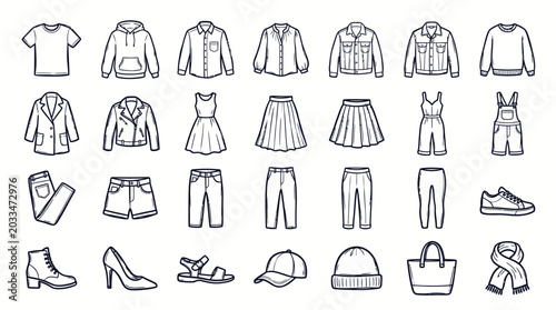 Set of hand drawn doodle clothing and accessories icons.