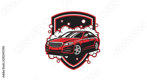 Dynamic Car Wash Service Emblem Design Featuring a Sleek Red Sedan Surrounded by Foaming Bubbles in a Protective Shield Logo Illustration