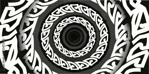 Obraz na plátně Circular spiral pattern with grayscale shading and repeating geometric elements