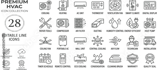 hvac air conditioning line icon set featuring cooling system, heating, temperature, ventilation, cooling, smart, thermostat, and repair maintenance vector symbols.