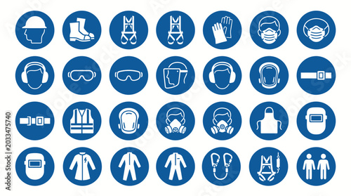 Set of Mandatory Personal Protective Equipment PPE Safety Sign Icons in Blue Circles.
