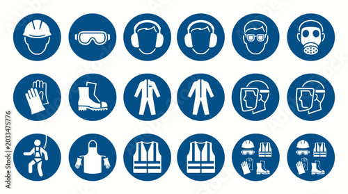 Set of mandatory safety equipment signs and personal protective gear icons.