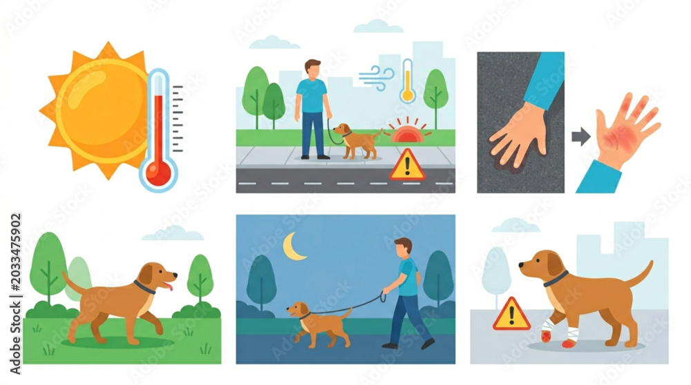 Obraz premium Vector illustration set showing dog heatstroke symptoms and prevention, from hot pavement to cool night walks, with a thermometer and sun
