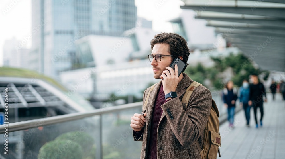 Fototapeta premium Man talking on smartphone while walking in city