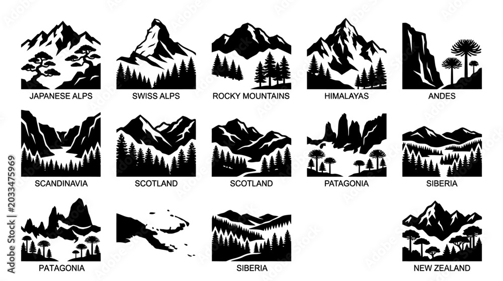 Fototapeta premium Set of monochrome mountain landscape icons and badges.