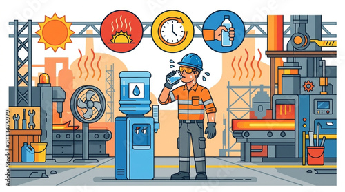 A tired factory worker in safety gear drinks water from a cooler near machinery, with icons indicating heat and time on a hot industrial workday