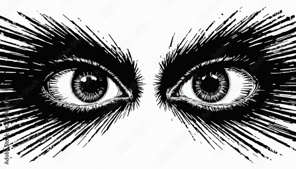 Obraz premium Dramatic Eyes with Long Spiky Eyelashes Black and White Illustration 