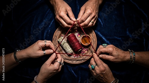 Hands holding a red string triangle during a mystical ritual