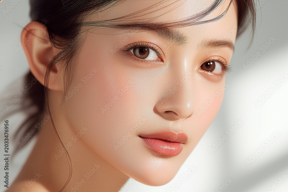 Fototapeta premium 美容, 女性, スキンケア, 化粧品, ビューティー, 若い女性, 美肌, 日本人, アジア人, フェイシャル, メイク, 美容液, 保湿, クリーム, エイジングケア, 美容医療, エステ, 美容クリニック, 肌ケア, ナチュラルメイク, 透明感, ツヤ肌, モデル, 笑顔, ポートレート, クローズアップ, リラックス, 癒し, 健康的, 美白, コラーゲン, ヒアルロン酸, アンチエイジング