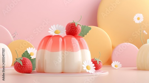 Colorful Dessert Display with Jelly Cake Topped with Fresh Strawberries and Mini Flowers in a Soft Pink Background with Pastel Shapes