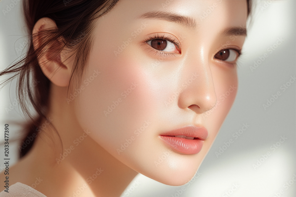 Naklejka premium 美容, 女性, スキンケア, 化粧品, ビューティー, 若い女性, 美肌, 日本人, アジア人, フェイシャル, メイク, 美容液, 保湿, クリーム, エイジングケア, 美容医療, エステ, 美容クリニック, 肌ケア, ナチュラルメイク, 透明感, ツヤ肌, モデル, 笑顔, ポートレート, クローズアップ, リラックス, 癒し, 健康的, 美白, コラーゲン, ヒアルロン酸, アンチエイジング
