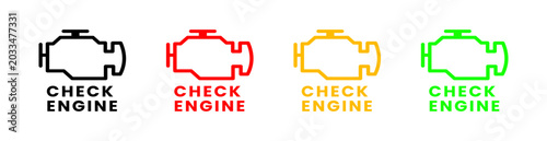 The check engine light outline symbol represents a car's engine warning, shown in black, red, yellow, and green on a white background, symbolizing vehicle diagnostics.