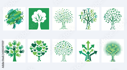 Set of ten abstract green tree icons and conceptual nature illustrations.