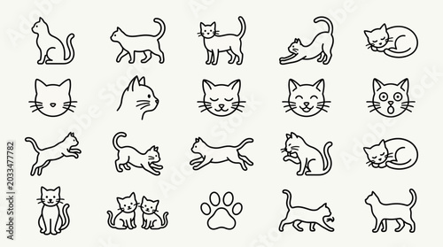 Set of various cat line art icons in different poses and expressions.