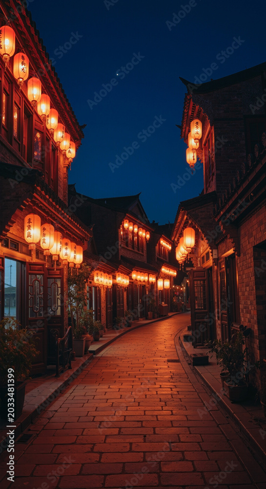 Fototapeta premium Traditional chinese street at night with lanterns old architecture and brick pavement serene urban landscape in asia.