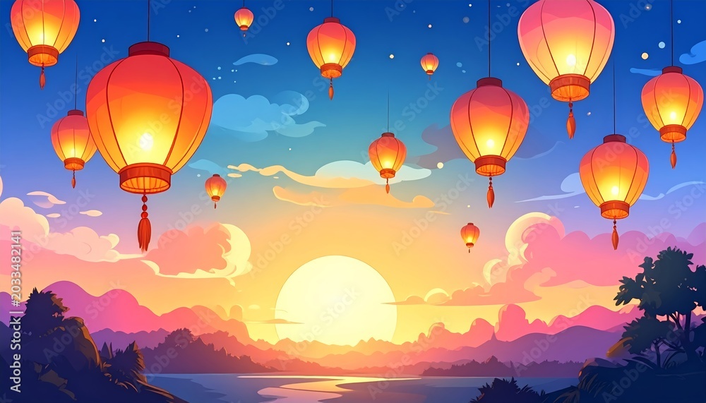 Fototapeta premium Vibrant lanterns floating in the sky.