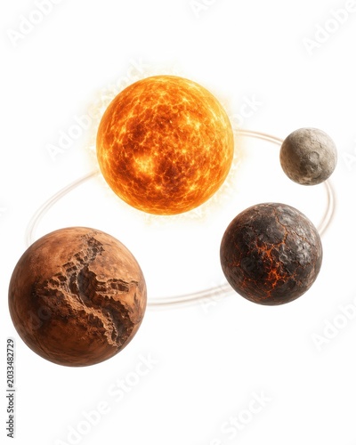 Star system concept object warm radiant star with three rocky planets arranged in a gentle orbital arc dry canyon surface volcanic stone surface pale cratered surface