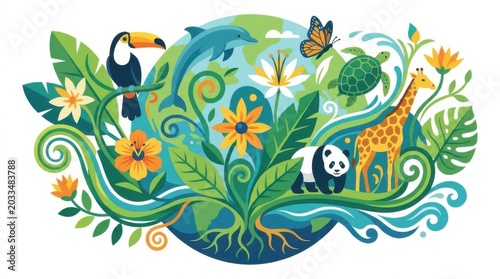 Vibrant Illustration of Wildlife and Nature Elements in Harmony