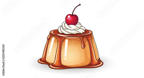 Delicious caramel pudding dessert with cherry and whipped cream topping, isolated on white background.