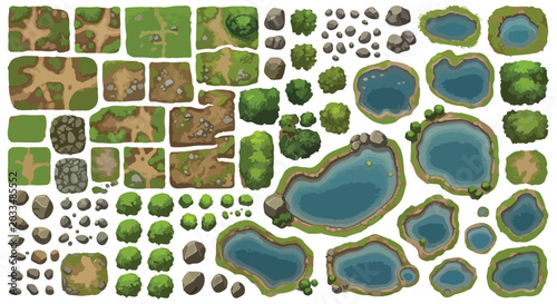Top-down game map assets, cartoon nature landscape elements with ponds, trees, rocks and dirt paths, 2D environment vector kit for level design