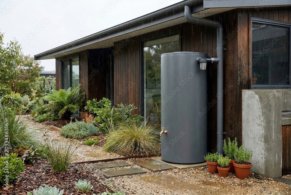 Obraz premium Sustainable water tank beside modern wood clad home with raised vegetable gardens
