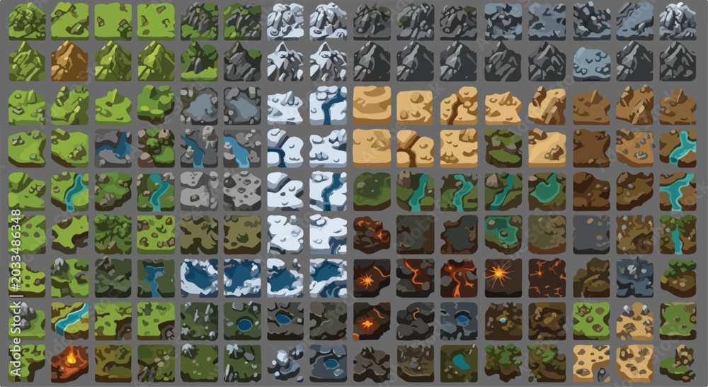Fototapeta premium Isometric game map tiles set, 120 fantasy terrain icons in EPS format, pixel art style world building elements for strategy games and RPG apps