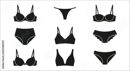 Tableau sur toile Undergarment Silhouettes Black Lingerie Shapes On White Background apparel attir