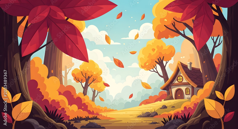 Fototapeta premium Scenic Autumn Forest Path with Small Cottage