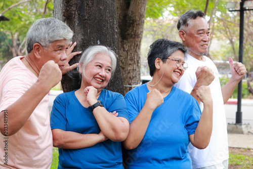 Happy Asian senior group showing strong gesture and smiling in the park. Concept of healthy lifestyle, active aging, and retirement wellness for elderly people.