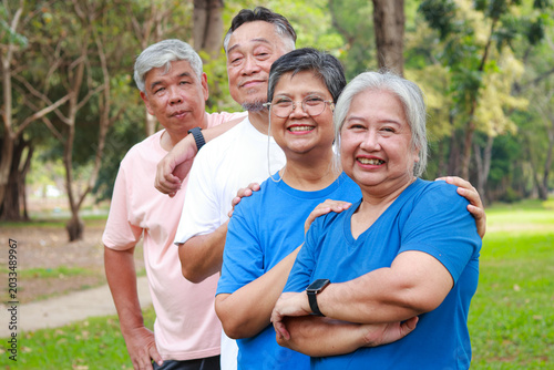 A group of happy Asian senior friends smiling and hugging in a public park, representing lifelong friendship, mental well-being, and an active retirement lifestyle in nature.