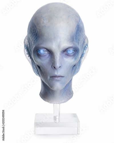 Translucent humanoid alien head prop pale blue grey silicone skin smooth bald cranium soft glowing eyes premium science fiction character design displayed on a minimalist clear acrylic stand