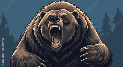 Foto Furious Grizzly Bear Roaring Aggressively in Forest - Wildlife Icon