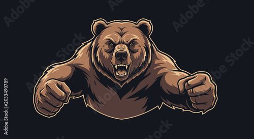 Foto Furious Grizzly Bear Roaring with Bared Teeth, Aggressive Wildlife Illustration