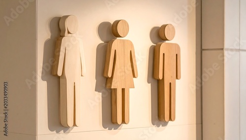 Three wooden restroom gender symbols (woman, women, and man) affixed to a wall with a vertical accent
