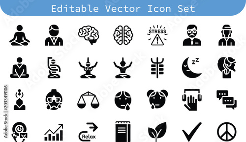 Fotografie Mindfulness and mental health icon set with mindfulness meditation emotions comm