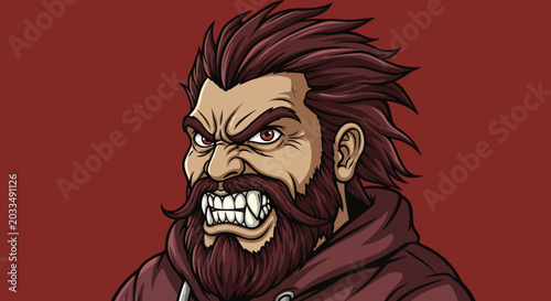 Foto Fierce Bearded Man with Fangs - Angry Expression, Comic Style Portrait