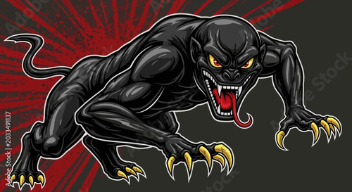 Photos Fierce Black Panther Monster Illustration with Sharp Claws and Glowing Eyes
