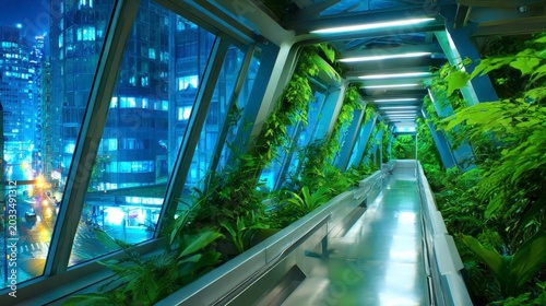 Modern Futuristic Glass Skywalk with Indoor Garden at Night