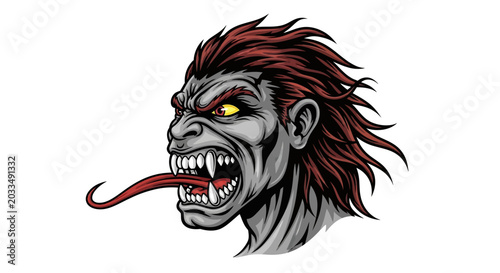 Tableau sur toile Fierce Monster Head with Red Hair and Yellow Eyes, Sticking Out Tongue