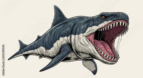Cuadro en lienzo Fierce Megalodon Shark with Open Mouth and Sharp Teeth, Prehistoric Predator