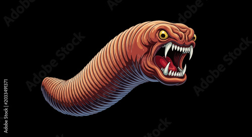 Obraz na plátně Fierce Pixel Art Earthworm Monster with Sharp Teeth and Glowing Eyes on Black Ba