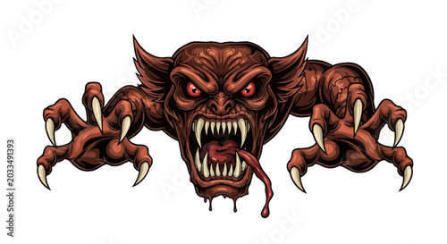 Tableau sur toile Fierce Red Monster with Horns and Sharp Claws, Spitting Blood