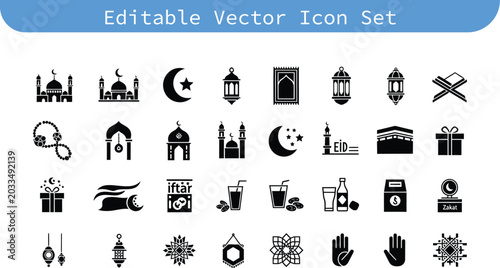 Photography Editable vector icon set: islamic culture and celebrations with headphone telesc