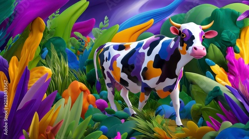 Colorful Cow in Psychedelic Fantasy Jungle Landscape
